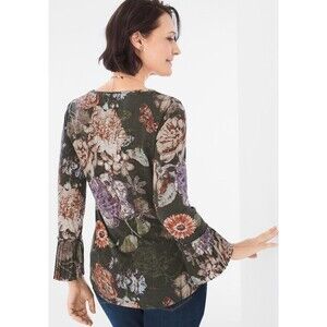 Green Women’s‎ Floral Pleat-Detail Bell Long Sleeve Blouse Butterfly Sz Lg Boho